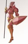  armor blonde_hair breastplate effie_(fire_emblem) fire_emblem fire_emblem_if full_body gauntlets glaring greaves grey_background highres holding holding_shield holding_weapon long_hair looking_at_viewer pauldrons polearm shield simple_background spear weapon 