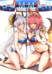  2girls animal_ears bangs bare_arms bare_legs barefoot beach_umbrella bikini blue_bikini bow breast_press breasts cleavage closed_mouth fate/grand_order fate_(series) fox_ears fox_shadow_puppet fox_tail frilled_bikini frills hair_bow haoni horns jewelry kiyohime_(fate/grand_order) kiyohime_(swimsuit_lancer)_(fate) kneeling large_breasts long_hair looking_at_viewer multiple_girls navel necklace one_eye_closed open_mouth pink_hair ponytail red_eyes side-tie_bikini silver_hair simple_background stomach swimsuit tail tamamo_(fate)_(all) tamamo_no_mae_(swimsuit_lancer)_(fate) towel umbrella very_long_hair white_background yellow_bow yellow_eyes 