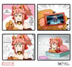  2girls 4koma :3 animal_ears bell bell_collar blue_legwear breasts cellphone character_name cleavage collar comic detached_sleeves dreaming english fate/extra fate/extra_ccc fate/grand_order fate_(series) fox_ears fox_tail game hair_ribbon highres japanese_clothes keita_naruzawa large_breasts long_hair multiple_girls open_mouth paws phone pink_hair ribbon smartphone speech_bubble tail tamamo_(fate)_(all) tamamo_cat_(fate) tamamo_no_mae_(fate) yellow_eyes 