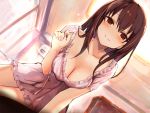  1girl amamitsu_kousuke breasts brown_hair cleavage closed_mouth copyright_request dutch_angle eyebrows_visible_through_hair from_below girl_on_top hair_between_eyes indoors large_breasts long_hair looking_at_viewer nightgown pov red_eyes sidelocks sitting smile solo straddling 