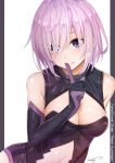  1girl absurdres artist_name bangs black_gloves black_leotard blush breasts character_name closed_mouth commentary contrapposto copyright_name elbow_gloves fate/grand_order fate_(series) female finger_to_mouth gloves hair_over_one_eye highres index_finger_raised large_breasts lavender_hair leotard looking_at_viewer navel_cutout purple_gloves shielder_(fate/grand_order) short_hair shushing shuutou_haruka signature smile solo type-moon upper_body violet_eyes 