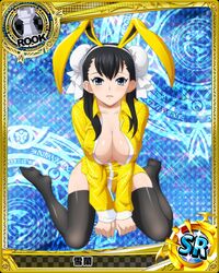  1girl animal_ears argyle argyle_background artist_request black_eyes black_hair black_legwear blue_background breasts bun_cover card_(medium) character_name chess_piece cleavage double_bun feet halftone halftone_background high_school_dxd large_breasts magic_circle no_shoes official_art rabbit_ears rook_(chess) solo thigh-highs trading_card xuelan 