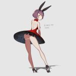  1girl :/ absurdres animal_ears ass black_shoes breasts brown_eyes brown_hair closed_mouth commentary dress english full_body grey_background high_heels highres medium_breasts multicolored_hair natsuojisan original panties panty_pull pink_hair rabbit_ears red_dress shoes short_hair silhouette solo standing twitter_username two-tone_hair underwear white_panties 