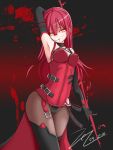  1girl black_gloves blood blood_on_face blush breasts cleavage crimson_avenger_(elsword) elbow_gloves elesis_(elsword) elsword eyebrows_visible_through_hair gloves highres large_breasts looking_at_viewer parted_lips redhead scarlet_zel smile solo yellow_eyes 