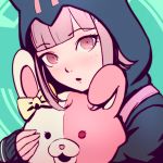  1girl animal_hood black_sweater bow brown_eyes cat_hood dangan_ronpa green_background hair_ornament highres hood hooded_sweater looking_at_viewer nanami_chiaki parted_lips pink_hair qosic short_hair solo super_dangan_ronpa_2 sweater yellow_bow 