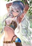  1girl absurdres armlet armpits arms_up belt blue_eyes breasts day hair_between_eyes hat highres long_hair looking_at_viewer medium_breasts navel outdoors plant shiny shiny_hair silver_hair smile solo stomach teffish transparent wavy_hair 