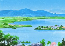  absurdres blue_sky commentary day field grass highres hirota_(masasiv3) horizon house lake mountain mountainous_horizon no_humans outdoors scenery sky tree village water 