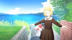  1girl black_skirt blonde_hair blush closed_eyes day facing_viewer hair_ornament hairclip kagamine_rin outdoors parted_lips road short_hair skirt smile solo stairs tabata_mihira teeth vocaloid 