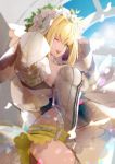  1girl ;d bangs belt blonde_hair blurry breasts clouds corset day depth_of_field detached_sleeves eyebrows_visible_through_hair fate/grand_order fate_(series) feathers flower from_side green_eyes hair_flower hair_intakes hair_ornament leotard long_hair looking_at_viewer medium_breasts nido_celisius one_eye_closed open_mouth petals saber_bride saber_extra sidelocks skirt smile solo sun teeth thigh-highs veil white_skirt zipper 