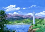  absurdres blue_sky building city clouds cloudy_sky day grass highres hirota_(masasiv3) horizon lake lighthouse mountainous_horizon nature no_humans railing road scenery sky tree water water_surface 