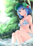  1girl alternate_costume armpits bikini blue_hair breasts collarbone day eyebrows_visible_through_hair flat_cap forest frilled_bikini frills hair_bobbles hair_ornament hat kawashiro_nitori key looking_at_viewer lowleg lowleg_bikini medium_breasts nagomian nature outdoors river short_hair sitting sitting_on_rock smile solo striped striped_bikini swimsuit touhou two_side_up 