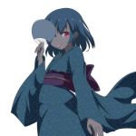  1girl :p alternate_costume blue_eyes blue_hair cato_(monocatienus) commentary_request covering_one_eye fan floral_print heterochromia japanese_clothes kimono long_sleeves looking_at_viewer obi red_eyes sash short_hair simple_background solo tatara_kogasa tongue tongue_out touhou white_background wide_sleeves 