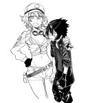  1boy 1girl arm_around_shoulder baseball_cap breasts cidney_aurum cleavage commentary_request cowboy_shot final_fantasy final_fantasy_xv fingerless_gloves gloves goggles goggles_around_neck hand_on_hip hat height_difference highres kotoyama midriff monochrome navel noctis_lucis_caelum short_hair shorts smile sweat v 