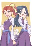  3girls barbara_parker black_hair blonde_hair blue_eyes blush brown_hair diana_cavendish hanna_england highres little_witch_academia long_hair looking_at_viewer multiple_girls open_mouth ponytail school_uniform simple_background smile tama witch 