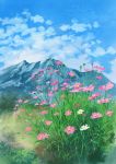  absurdres blue_sky clouds cloudy_sky cosmos_(flower) day flower grass highres hirota_(masasiv3) mountain no_humans outdoors scenery sky 