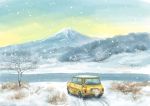  absurdres bare_tree car day grass ground_vehicle highres hirota_(masasiv3) license_plate motor_vehicle mount_fuji no_humans outdoors river scenery snow snowing tree water winter 