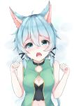  1girl animal_ears artist_name blue_eyes blue_hair blush breasts cat_ears cat_tail cleavage collar eyebrows_visible_through_hair highres looking_at_viewer medium_breasts navel open_mouth rokuuso saliva shinon_(sao) shinon_(sao-alo) solo sword_art_online tail twitter_username 