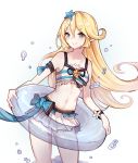  &gt;:) 1girl blonde_hair blue_eyes blush charlotta_(granblue_fantasy) closed_mouth collarbone cowboy_shot eyebrows_visible_through_hair flower frilled_swimsuit frills granblue_fantasy hair_between_eyes hair_ornament highres innertube leaning_to_the_side long_hair looking_to_the_side navel pointy_ears solo standing star star_hair_ornament swimsuit tankini water_drop white_background xoaiu 