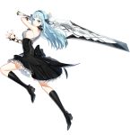  1girl absurdres arm_ribbon black_legwear blue_eyes blue_hair closers dress full_body hair_ribbon hairband happening18 highres holding holding_sword holding_weapon huge_weapon kneehighs long_hair looking_at_viewer official_art ribbon serious simple_background sleeveless solo sword violet_(closers) weapon white_background 