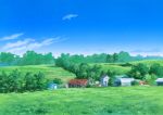 absurdres blue_sky building clouds commentary day field grass highres hirota_(masasiv3) no_humans outdoors ruins scenery sky tent tree 
