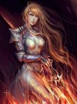  1girl armor armored_dress breasts commentary expressionless fantasy knight light_brown_hair long_hair looking_at_viewer medium_breasts orange_eyes solo standing tida_kietsungden vambraces very_long_hair warrior 