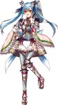  1girl :d armor blue_hair breastplate flower full_body hair_flower hair_ornament hair_ribbon hand_on_hip holding holding_mallet holding_weapon long_hair mallet official_art open_mouth oshiro_project oshiro_project_re ribbon saijou_haruki smile thigh-highs transparent_background tsuyama_(oshiro_project) twintails weapon yellow_eyes 