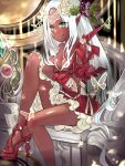  1girl breasts butterfly butterfly_hair_ornament cleavage dark_skin dress elf frilled_dress frills green_eyes hair_ornament high_heels highres legs long_hair looking_at_viewer off_shoulder pointy_ears red_dress ribo sandals sidelocks sitting smile solo very_long_hair white_hair 
