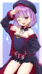  1girl absurdres arm_up belt blush breasts cleavage eyebrows_visible_through_hair fang fate/grand_order fate_(series) helena_blavatsky_(fate/grand_order) highres looking_at_viewer medium_breasts nanase_noa one_eye_closed open_mouth purple_hair short_hair smile solo violet_eyes 