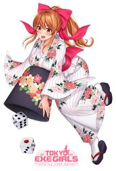  1girl blush bow breasts brown_eyes brown_hair clog_sandals dice floral_print full_body hair_bow highres japanese_clothes kimono large_breasts long_hair long_sleeves obi official_art open_mouth ponytail red_bow sash shimashima08123 sidelocks solo tabi tokyo_exe_girls wide_sleeves 