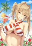  1girl ahoge beach bikini blonde_hair blurry blurry_background breasts cup day drink drinking_glass drinking_straw earrings fate/grand_order fate_(series) flower gohei_(aoi_yuugure) green_eyes hair_intakes halterneck highres jewelry large_breasts long_hair looking_at_viewer navel nero_claudius_(swimsuit_caster)_(fate) ocean outdoors saber_extra seductive_smile sky smile solo striped striped_bikini swimsuit twintails upper_body 