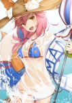  1girl animal_ears blush breasts cleavage eyebrows_visible_through_hair fate/grand_order fate_(series) fox_ears highres holding holding_innertube holding_umbrella hoshimiya_mashiro innertube large_breasts long_hair looking_at_viewer navel open_mouth pink_hair smile solo tamamo_(fate)_(all) tamamo_no_mae_(swimsuit_lancer)_(fate) umbrella yellow_eyes 
