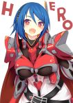  1girl alternate_breast_size armor belt blue_hair blush breasts fang headband highres large_breasts looking_at_viewer open_mouth pauldrons phantasy_star phantasy_star_online_2 red_eyes short_hair smile solo stratos_(pso2) sukage upper_body 