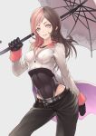  1girl :d belt black_gloves black_pants breasts brown_eyes brown_hair covered_navel cowboy_shot gloves heterochromia jewelry kyoeiki long_hair long_sleeves looking_at_viewer medium_breasts multicolored_hair necklace neo_(rwby) open_mouth pants pink_eyes pink_hair rwby simple_background smile smirk solo two-tone_hair umbrella white_background 