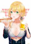  10s 1girl anchor_hair_ornament beer_mug blonde_hair blue_bra blush bra breasts character_name cleavage collarbone cup drinking_glass eyebrows_visible_through_hair food green_eyes hair_ornament highres holding holding_drinking_glass holding_food hot_dog kantai_collection large_breasts long_hair long_sleeves niko_(aiai03012) open_clothes open_mouth prinz_eugen_(kantai_collection) simple_background solo twintails twitter_username underwear upper_body white_background zipper 