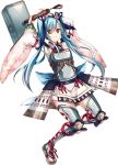  &gt;:( 1girl armor blue_hair breastplate flower full_body hair_flower hair_ornament hair_ribbon holding holding_mallet holding_weapon long_hair mallet official_art oshiro_project oshiro_project_re ribbon saijou_haruki transparent_background tsuyama_(oshiro_project) twintails weapon yellow_eyes 