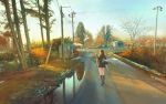  1girl bag bird black_legwear brown_hair bus_stop evening from_behind highres long_hair original outdoors power_lines profile puddle reflection road scenery shoulder_bag signature solo standing telephone_pole tree vanishing_point walking wayne_chan 