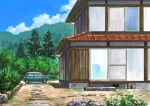  absurdres blue_sky building bush car clouds day forest grass ground_vehicle highres hirota_(masasiv3) house motor_vehicle mountain nature no_humans outdoors road scenery sky stone window 