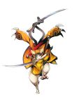  1boy animal_ears arms_up blazblue blazblue:_central_fiction cat cat_ears claws coat eyepatch full_body furry highres jubei_(blazblue) katou_yuuki long_sleeves looking_at_viewer mouth_hold multiple_tails official_art one_eye_covered red_eyes sheath simple_background tail tail_hold whiskers white_background 