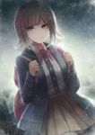  1girl angel31424 backpack bag black_sweater brown_hair brown_skirt cowboy_shot dangan_ronpa dutch_angle hood hooded_sweater looking_at_viewer miniskirt nanami_chiaki neck_ribbon pleated_skirt red_eyes red_ribbon ribbon shirt signature skirt smile solo standing super_dangan_ronpa_2 sweater white_shirt 