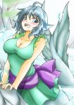  1girl blue_eyes blue_hair blush breasts casual_one-piece_swimsuit cleavage d-m_(dii_emu) dress_swimsuit drill_hair fish_tail head_fins highres mermaid misty_lake monster_girl one-piece_swimsuit open_mouth sash smile solo swimsuit touhou wakasagihime water 