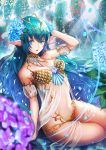  1girl artist_name bibiko blue_eyes breasts cleavage eyebrows_visible_through_hair green_hair large_breasts looking_at_viewer navel original parted_lips pointy_ears signature sitting solo 
