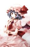  1girl ascot bangs bat_wings blood blood_on_face bloody_clothes blue_hair bow brooch cowboy_shot eyebrows_visible_through_hair hand_up hat hat_bow highres jewelry looking_at_viewer mob_cap pink_hat puffy_short_sleeves puffy_sleeves red_bow red_eyes remilia_scarlet sash short_hair short_sleeves solo tongue tongue_out touhou usotsuki_penta wings 