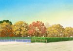  absurdres autumn_leaves blue_sky bush day highres hirota_(masasiv3) nature no_humans outdoors railing river scenery sky tree water 