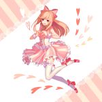  1girl :d bangs blush bow brown_hair character_request copyright_request diagonal_stripes frilled_legwear from_side full_body hair_between_eyes hair_bow head_tilt heart heart_hands highres kurenai907 lace leg_up long_hair looking_at_viewer open_mouth pink_bow pink_shoes pink_skirt red_eyes shoes skirt smile solo striped swept_bangs thigh-highs vertical-striped_skirt vertical_stripes white_legwear wrist_cuffs 