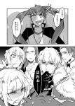  1girl armor bedivere cape comic emiya_shirou fate/extra fate/grand_order fate/stay_night fate_(series) gawain_(fate/extra) gohan_kimi highres knights_of_the_round_table_(fate) lancelot_(fate/grand_order) long_hair monochrome multiple_boys open_mouth ponytail saber_of_red short_hair translated tristan_(fate/grand_order) 