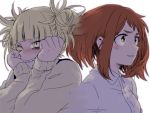  2girls :d blonde_hair blush boku_no_hero_academia brown_eyes cardigan collared_shirt commentary_request double_bun hair_bun hands_on_own_cheeks hands_on_own_face hk_(nt) long_sleeves multiple_girls open_mouth school_uniform shirt short_hair simple_background smile teeth toga_himiko twintails uraraka_ochako white_background yandere_trance yellow_eyes 