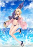  1girl artist_name bangs beach bikini black_bow blonde_hair blue_bikini blue_eyes blue_sky blush bow braid breasts cleavage closed_mouth clouds cloudy_sky collarbone day eyebrows_visible_through_hair fate/grand_order fate_(series) front-tie_bikini front-tie_top full_body hair_bow highres hood hoodie large_breasts long_hair looking_at_viewer mhg_(hellma) navel ocean open_clothes open_hoodie outdoors ruler_(fate/apocrypha) side-tie_bikini sidelocks signature single_braid sky slippers smile solo swimsuit tareme thighs very_long_hair 