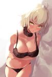  1girl ahoge backlighting black_bow black_bra black_panties blonde_hair blush bow bow_panties bra breast_hold breasts choker cleavage cowboy_shot day dutch_angle fate/grand_order fate_(series) highres jeanne_alter lace lace-trimmed_bra lace-trimmed_panties large_breasts looking_at_viewer lying mitsukichi on_side panties parted_lips platinum_blonde ruler_(fate/apocrypha) short_hair solo underwear underwear_only yellow_eyes 