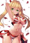  1girl ahoge arm_behind_head arm_up armpits bangs bikini blonde_hair breasts closed_mouth eyebrows_visible_through_hair fate/grand_order fate_(series) green_eyes hair_intakes highres large_breasts long_hair looking_to_the_side motokonut navel nero_claudius_(swimsuit_caster)_(fate) petals red_bikini rose_petals side-tie_bikini sidelocks simple_background smile solo striped striped_bikini swimsuit thighs twintails wavy_hair white_background white_bikini 