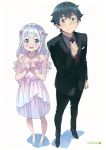  1boy 1girl absurdres bead_necklace beads blue_eyes blue_hair bow brother_and_sister business_suit dress eromanga_sensei formal full_body grey_eyes hair_bow hands_up highres izumi_masamune izumi_sagiri jewelry kanzaki_hiro long_hair looking_at_viewer necklace open_mouth scan siblings silver_hair simple_background smile standing suit white_background white_dress 